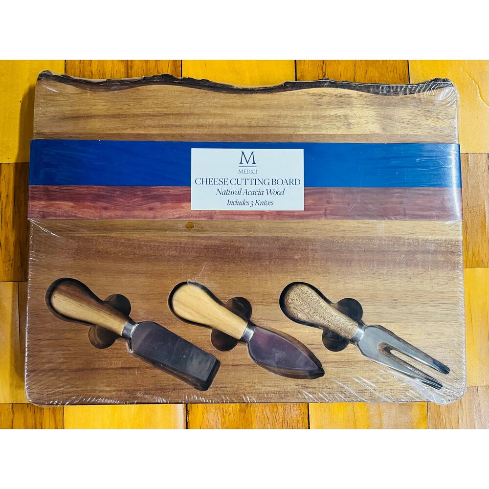 Acacia Wood Cheese Board Serving Set w/ Knives 13x10 Rough Edge by Medici Sealed
